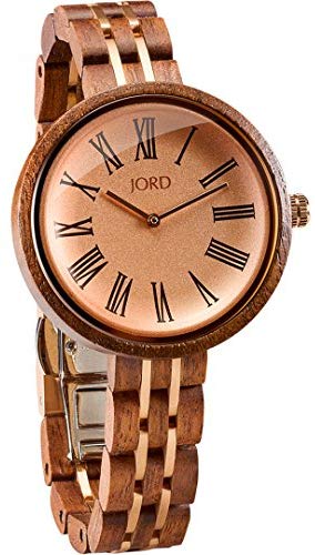 JORD Wooden Wrist Watches for Women - Cassia Series / Wood and Metal Watch Band / Wood Bezel / Analog Quartz Movement - Includes Wood Watch Box (Walnut & Vintage Rose)