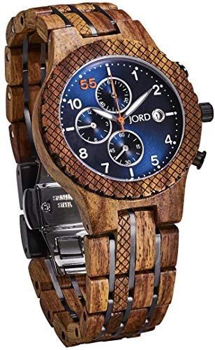 JORD Wooden Wrist Watches for Men - Conway Series Chronograph / Wood and Metal Watch Band / Wood Bezel / Analog Quartz Movement - Includes Wood Watch Box (Kosso & Midnight Blue)